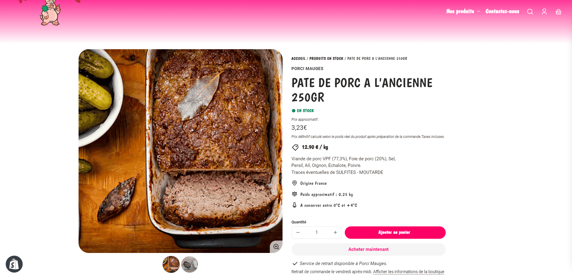 Page produit site porci mauges, Client huggii