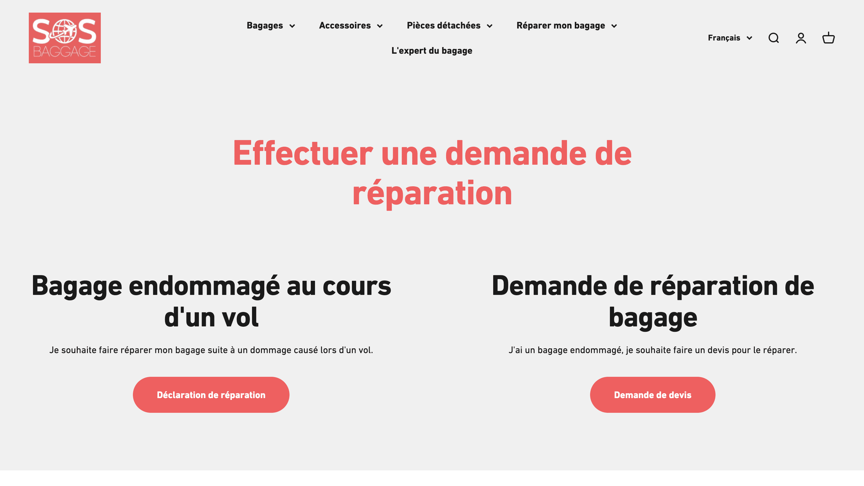 Capture d'écran sur la réparation de bagage du site SOS Baggages