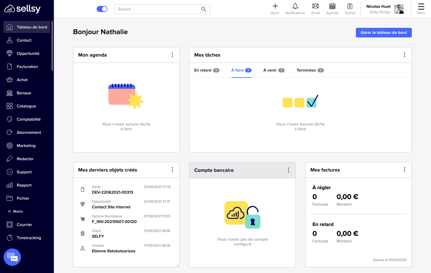 Interface logiciel sellsy