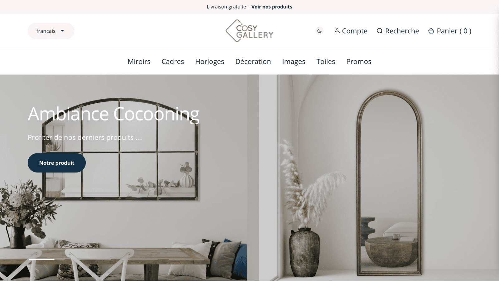 Capture d'écran page d'accueil du nouveau site CosyGallery