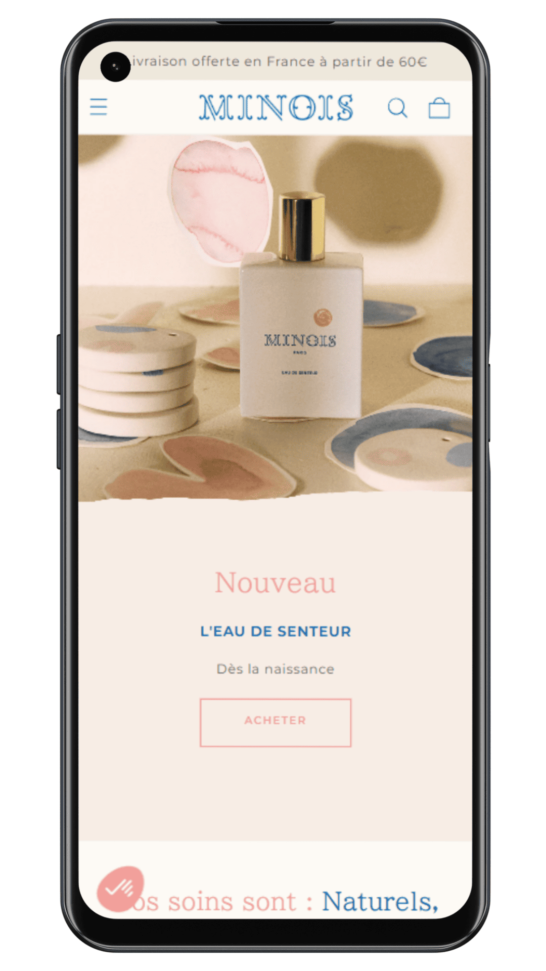 Homepage téléphone du client Minois Paris