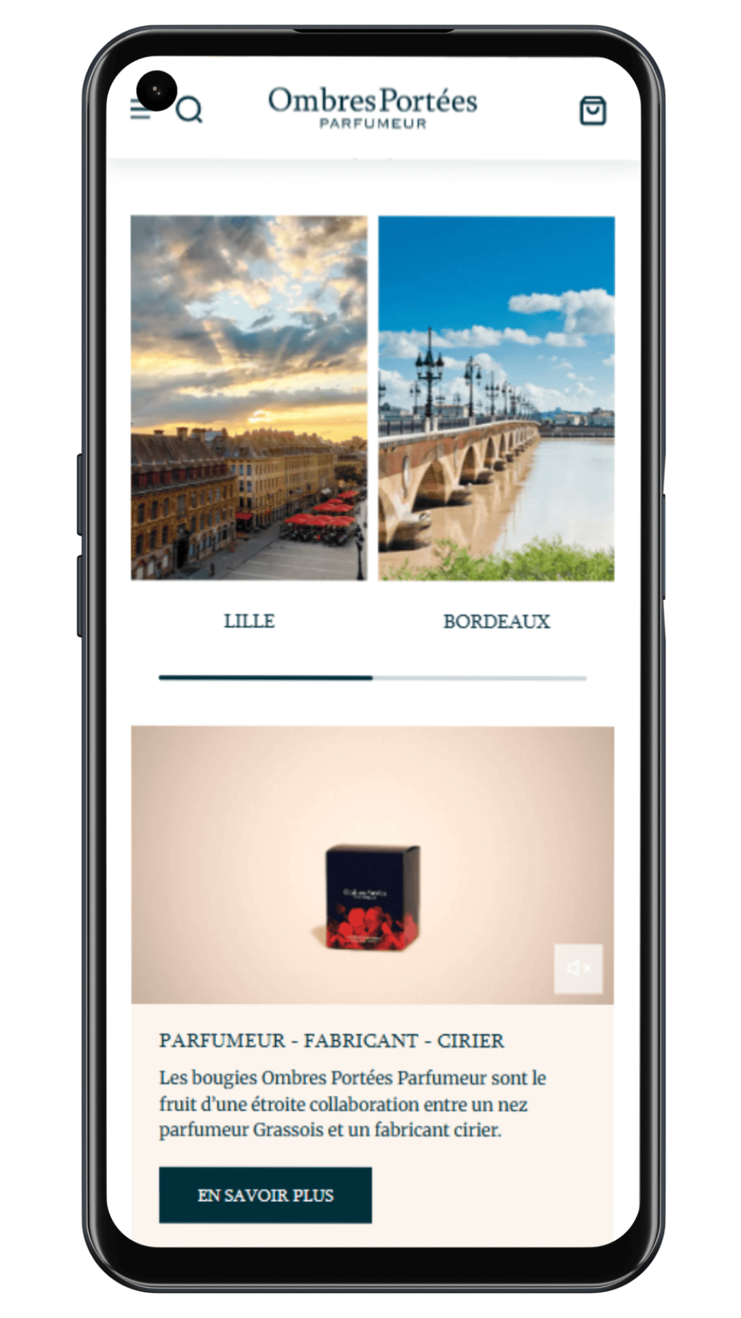 Homepage téléphone du client Ombres Portées Parfumeur