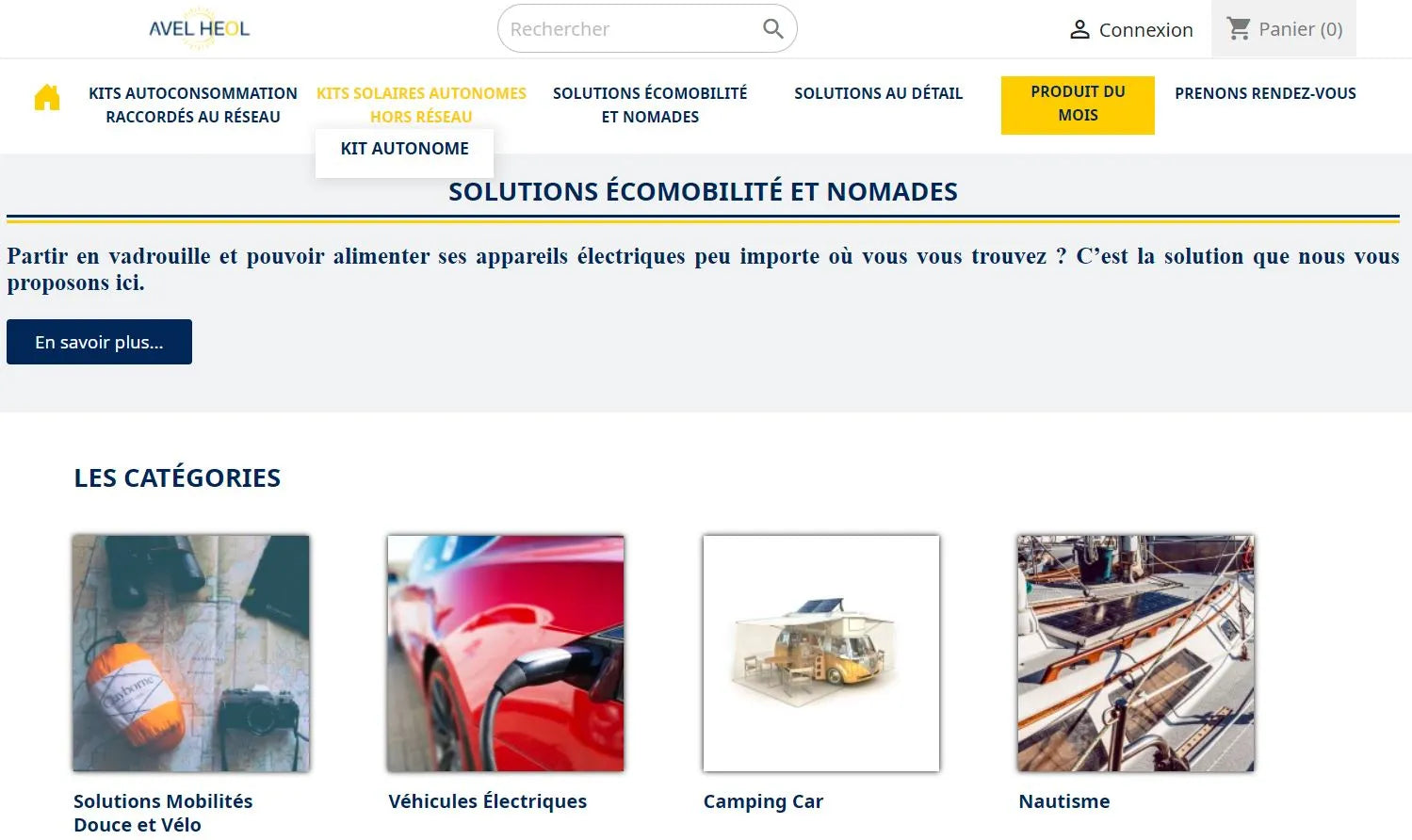 Aperçu de la page kits solaire du site Avel Heol
