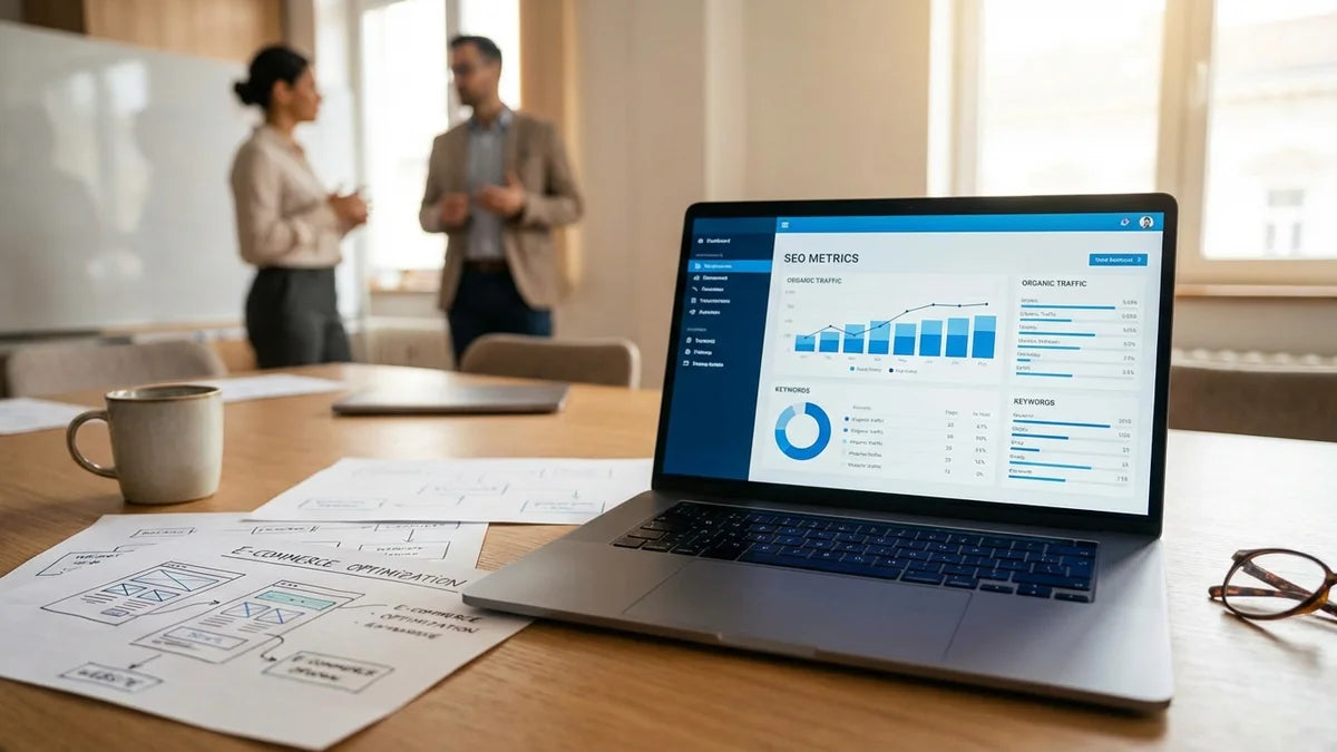 Tableau de bord SEO e-commerce avec métriques d'optimisation et diagrammes de stratégie digitale