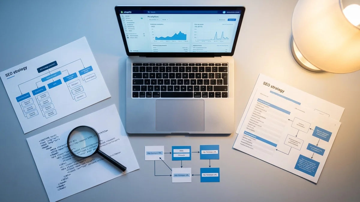 Dashboard Shopify avec stratégie SEO, documents d'optimisation et analyse de référencement pour agence SEO