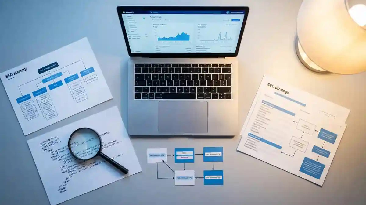 Dashboard Shopify avec stratégie SEO, documents d'optimisation et analyse de référencement pour agence SEO
