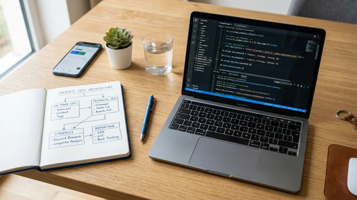 Tableau de bord Shopify avec code SEO et diagrammes d'architecture numérique intégrés
