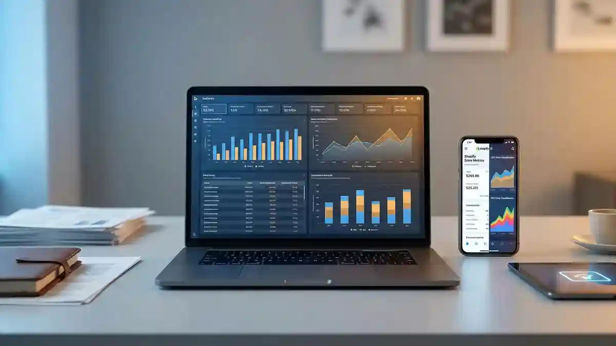 Comparaison agence SEO Shopify vs solution automatisée sur écrans laptop et smartphone avec métriques analytiques