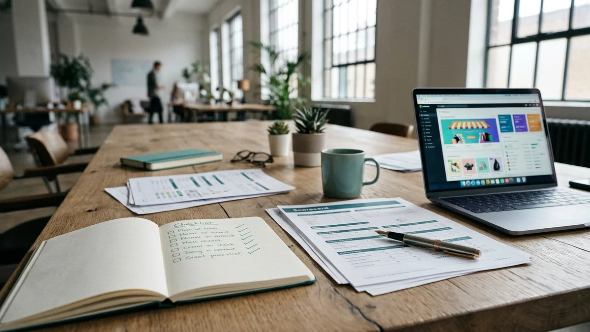 Grille de notation et checklist pour choisir une agence Shopify en 2026 : bureau moderne avec fiches d'évaluation et vitrines e-commerce