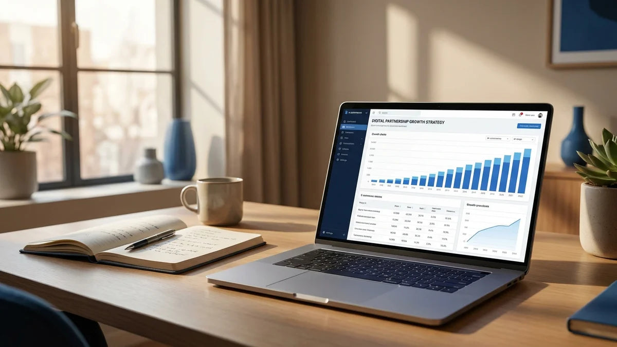 Laptop affichant un tableau de bord e-commerce avec graphiques de croissance pour choisir agence Shopify