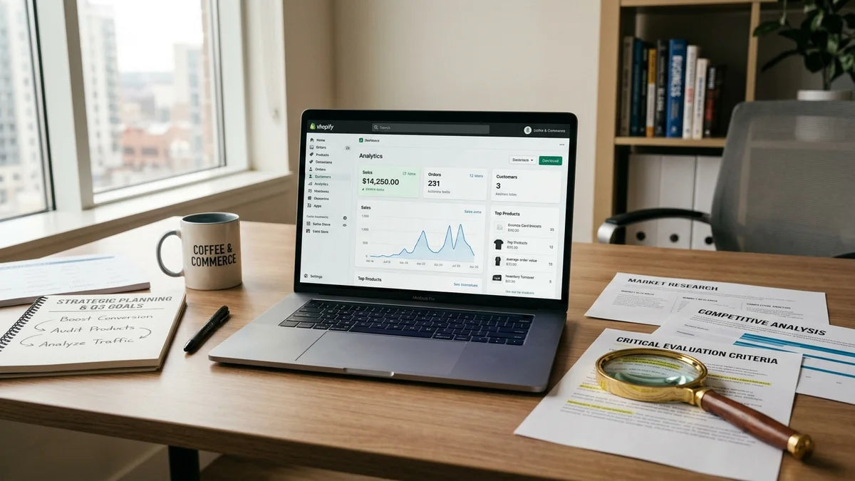 Laptop Shopify avec documents d'évaluation et loupe pour choisir agence partenaire