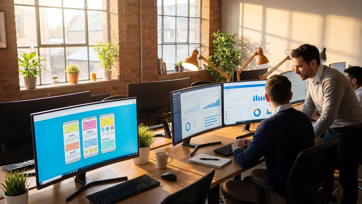 Espace de travail agence web Lille avec écrans affichant design, SEO et analytics marketing digital