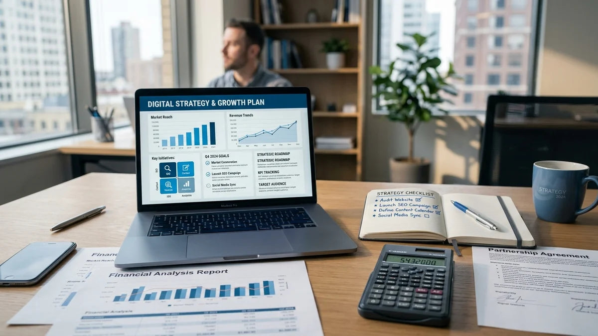 Espace de travail professionnel avec laptop, checklist et documents pour choisir agence web Lille