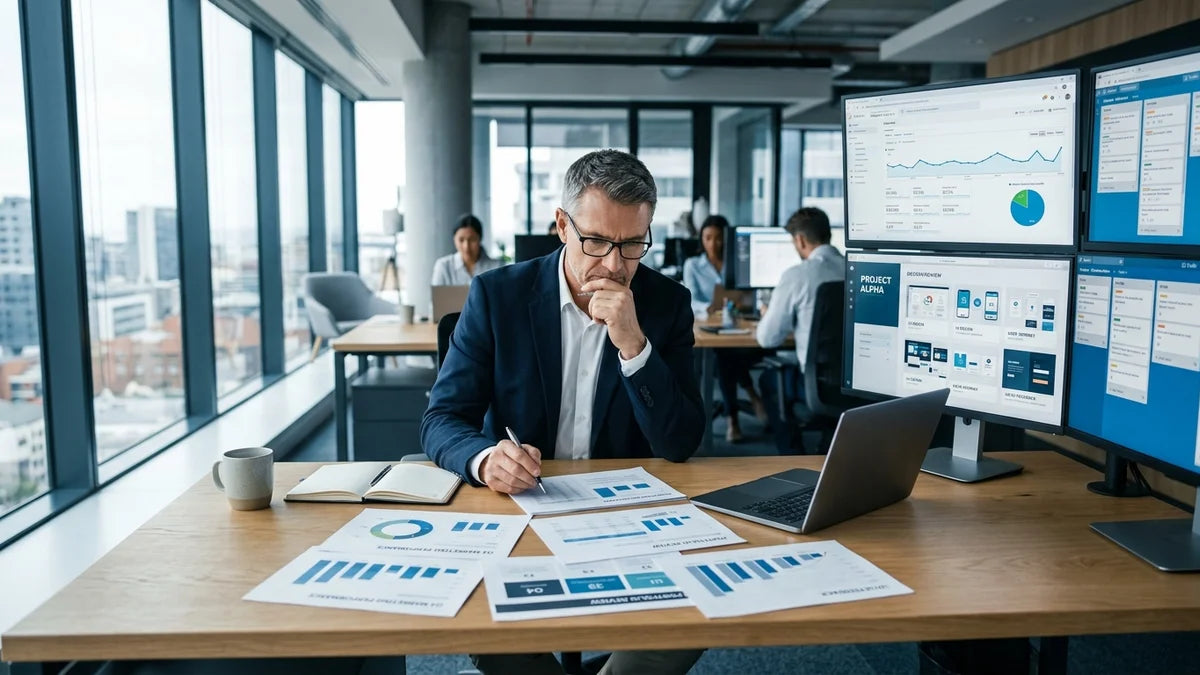 Directeur lillois évaluant agence web sur écrans d'analytics et portfolios de design professionnels