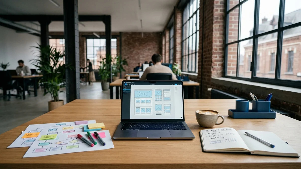 Espace de travail lumineux à Lille : ordinateur affichant des maquettes de site web, carnet de budget et café sur un bureau en bois