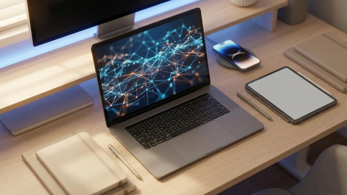 Intégration API EBP et Shopify sur un bureau avec laptop et données synchronisées