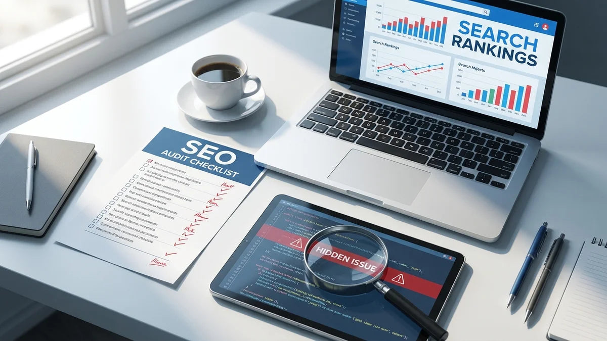 Tableau de bord analytics et checklist audit SEO e-commerce sur un bureau professionnel avec ordinateur portable