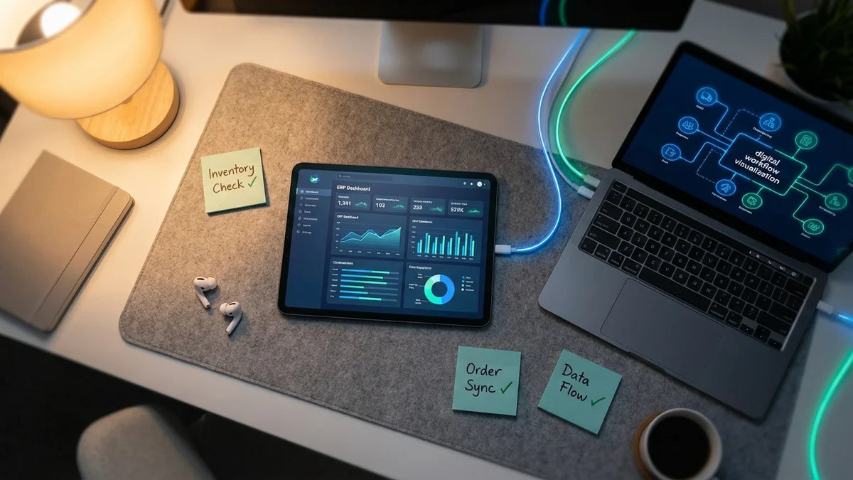 Espace de travail avec tableau de bord ERP synchronisé et flux de données pour automatisation Shopify
