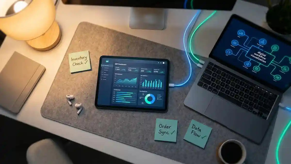 Espace de travail avec tableau de bord ERP synchronisé et flux de données pour automatisation Shopify