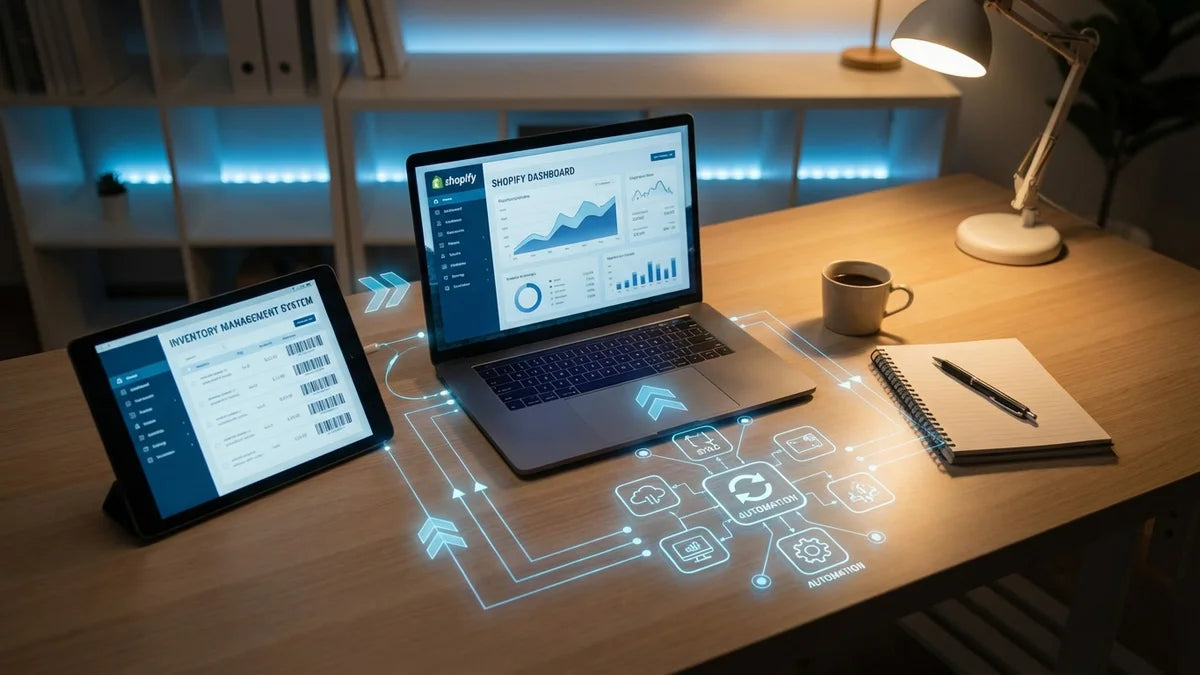 Synchronisation données Shopify CRM ERP sur bureau avec visualisation flux intégration automatisée