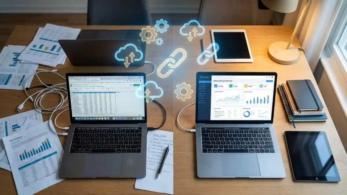 Bureau e-commerce avec ordinateurs affichant tableaux de bord et icônes d'intégration API Shopify pour l'automatisation PME