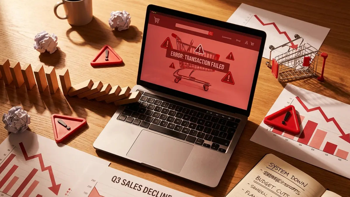Laptop avec panier d'achat entouré de symboles d'erreur et graphiques de ventes en baisse