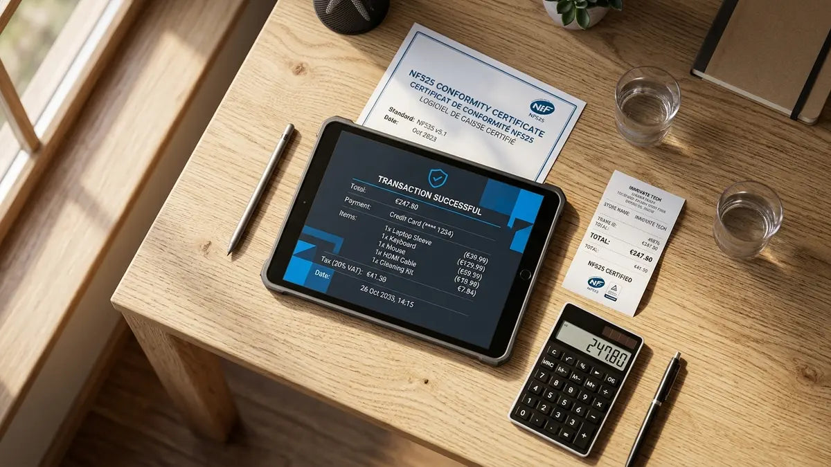 Système POS moderne affichant données de transaction avec reçu, calculatrice et norme NF525 pour conformité caisse enregistreuse