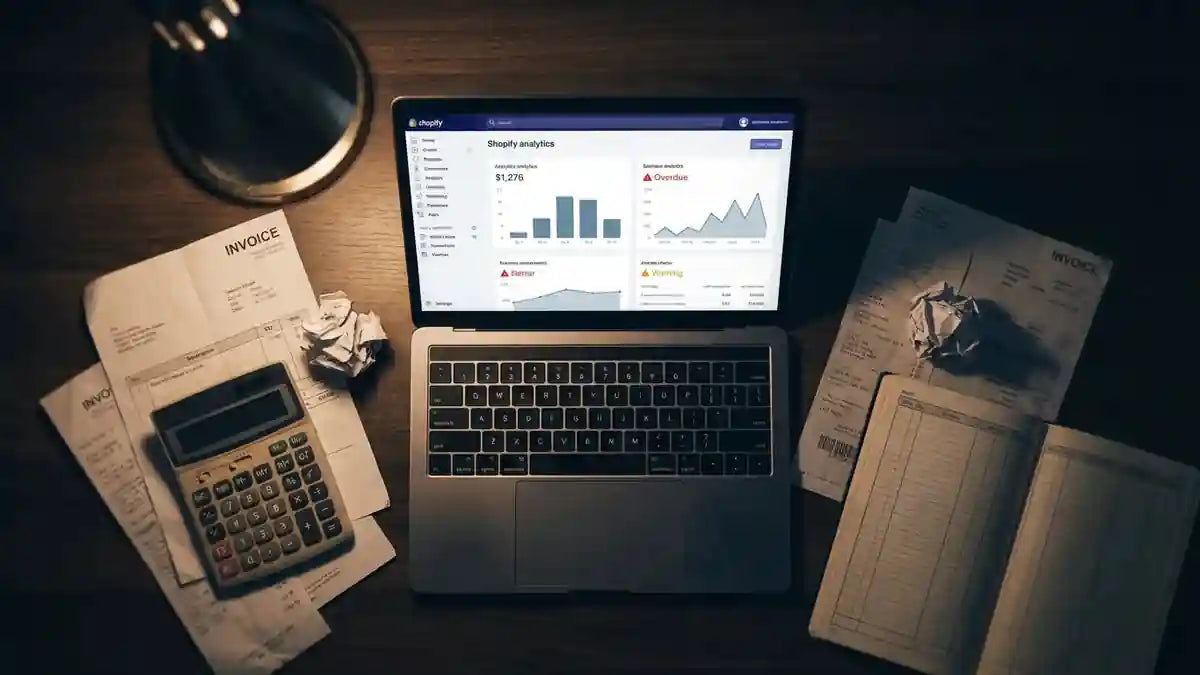 Tableau de bord Shopify avec factures et calculatrice montrant les coûts cachés de maintenance boutique