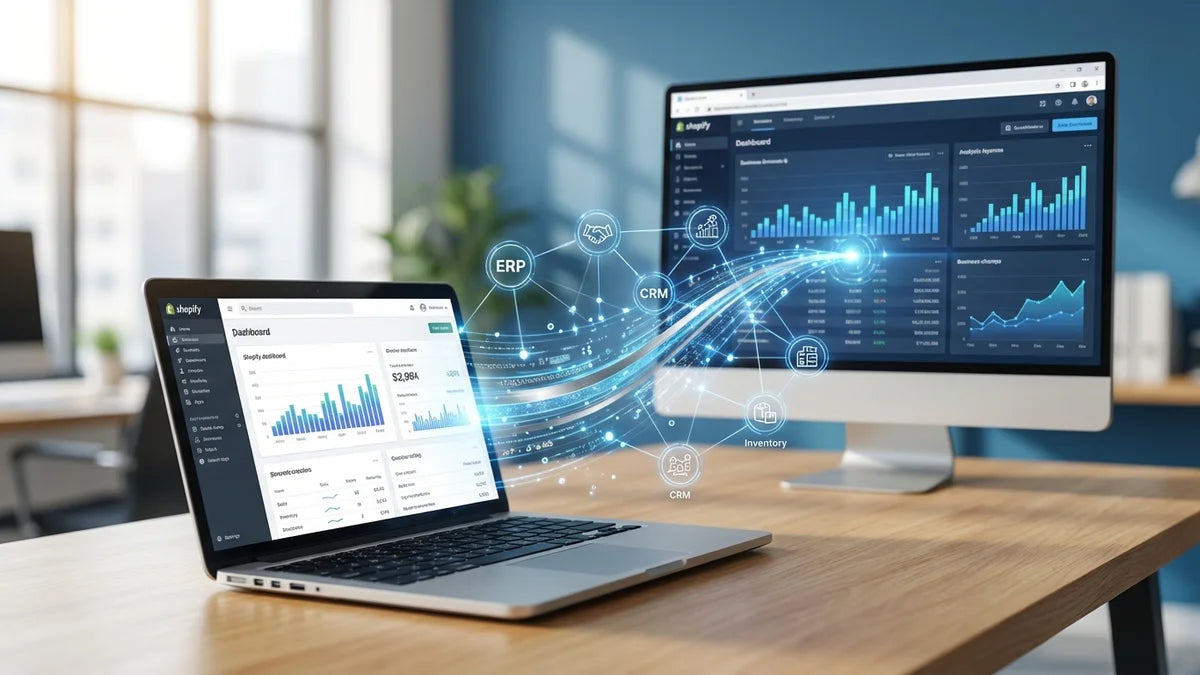 Connecteur logiciel Shopify reliant dashboard e-commerce à systèmes ERP et CRM avec flux de données synchronisés