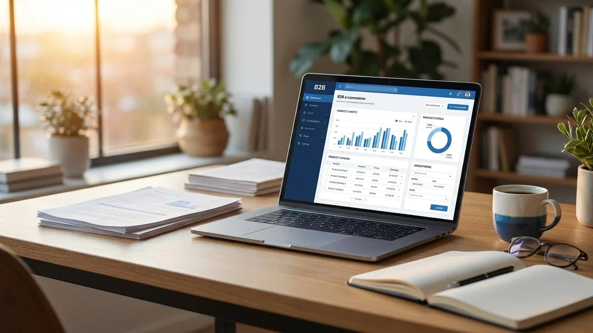 Plateforme B2B e-commerce sur laptop avec tableaux de bord et catalogues produits pour gérer les commandes