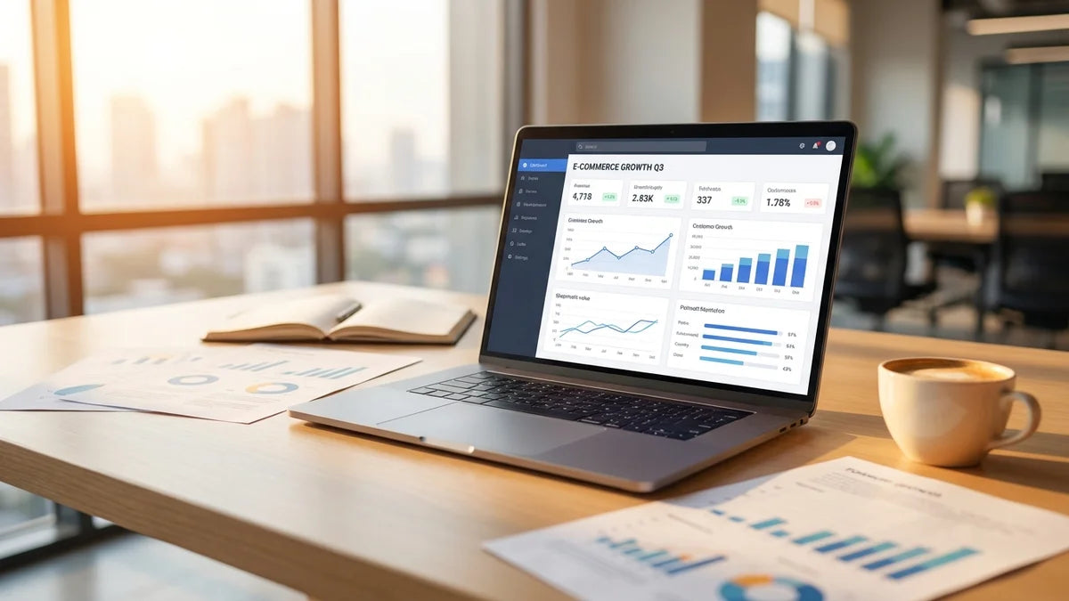 Dashboard Shopify avec métriques e-commerce et graphiques de croissance sur laptop bureau professionnel