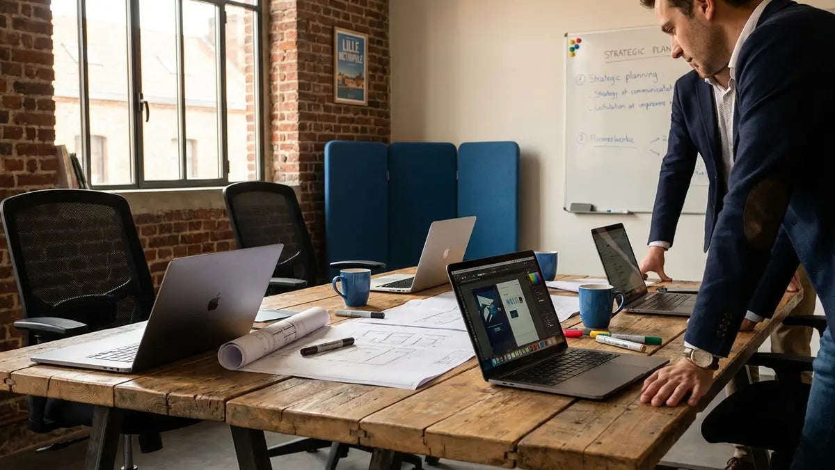 Espace de travail d'agence web à Lille avec ordinateurs, plans et outils de design numérique