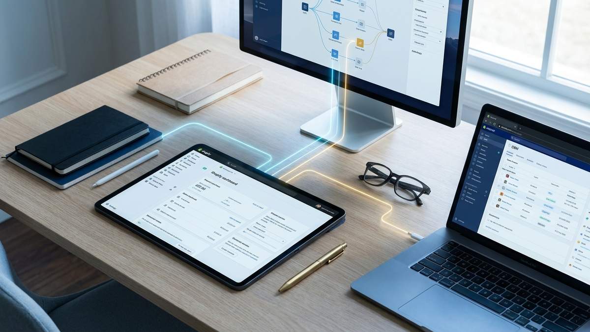 Tableau de bord montrant l'intégration Shopify CRM avec visualisation des connexions de données et automatisation commerciale