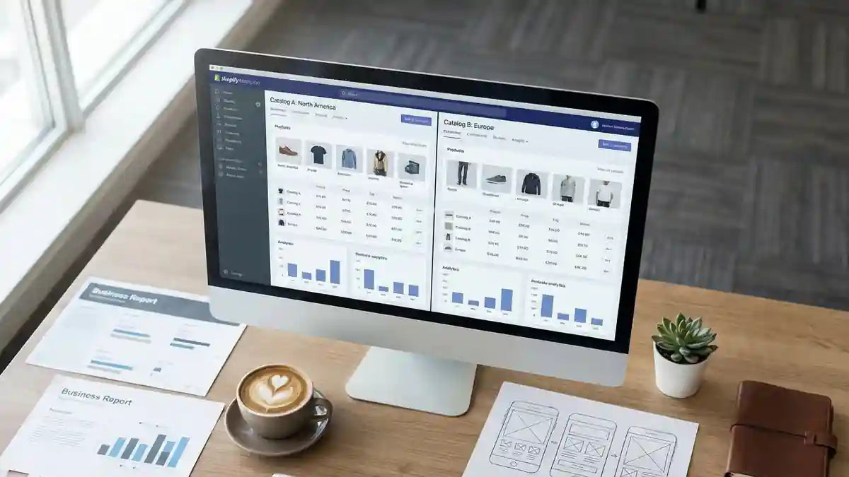 Tableau de bord Shopify B2B2C avec catalogues produits et tarifs sur écran d'ordinateur