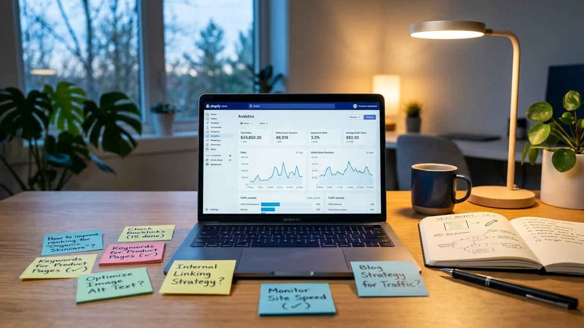 Dashboard Shopify avec questions SEO et checklist d'évaluation d'agence sur un bureau professionnel