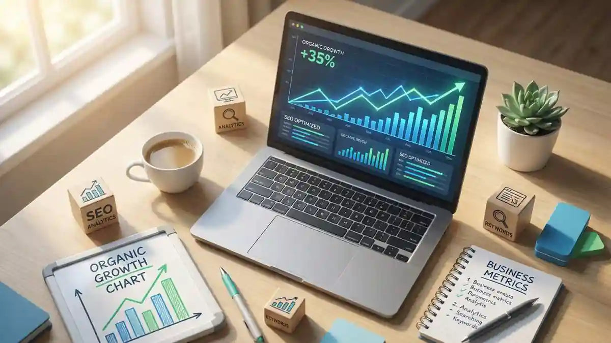 Dashboard SEO Shopify avec graphiques croissance et métriques analytiques optimisation
