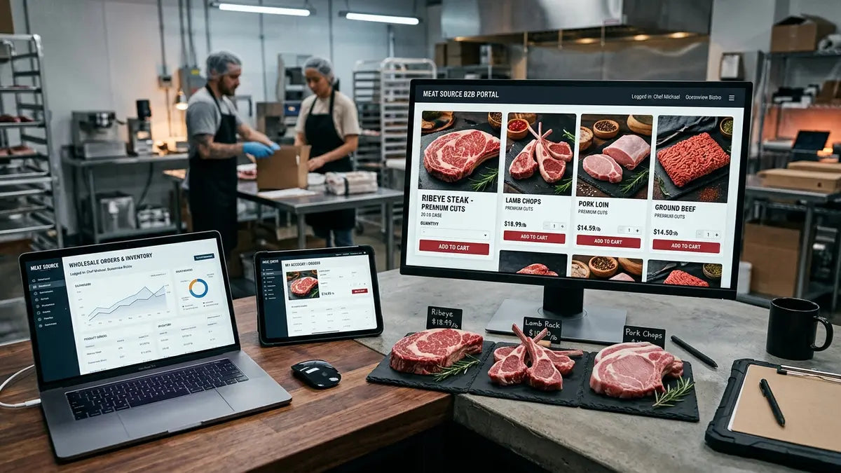 Plateforme B2B de commerce de gros viande en ligne avec interface de commande numérique sur tablette et ordinateur portable