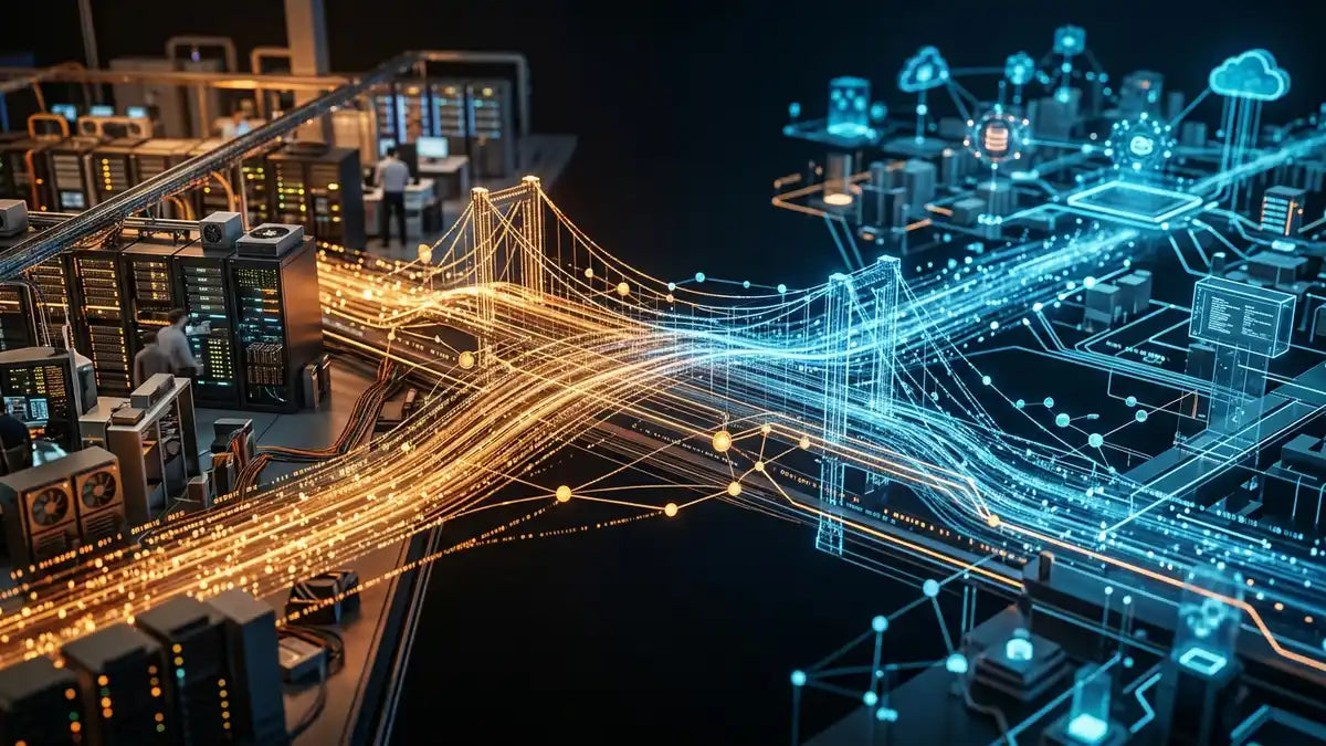 Connexion Sage Shopify : pont numérique intégrant serveurs on-premise et cloud avec flux de données synchronisés