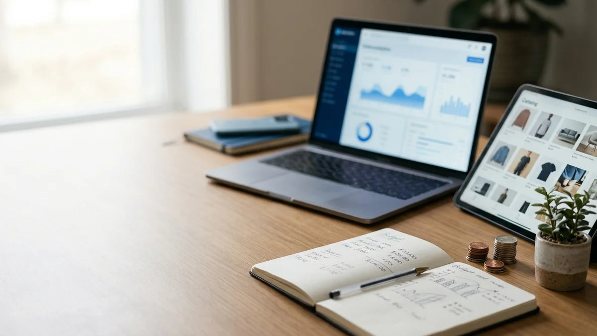 Espace de travail e-commerce avec ordinateur, tablette et carnet de budget : comparatif consultant SEO Shopify ou agence