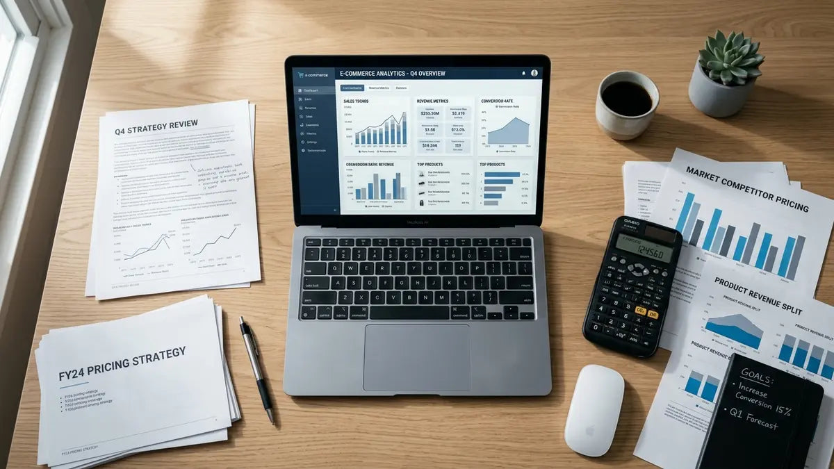 Laptop affichant un tableau de bord e-commerce avec documents de pricing et calculatrice pour comparaison coûts création site