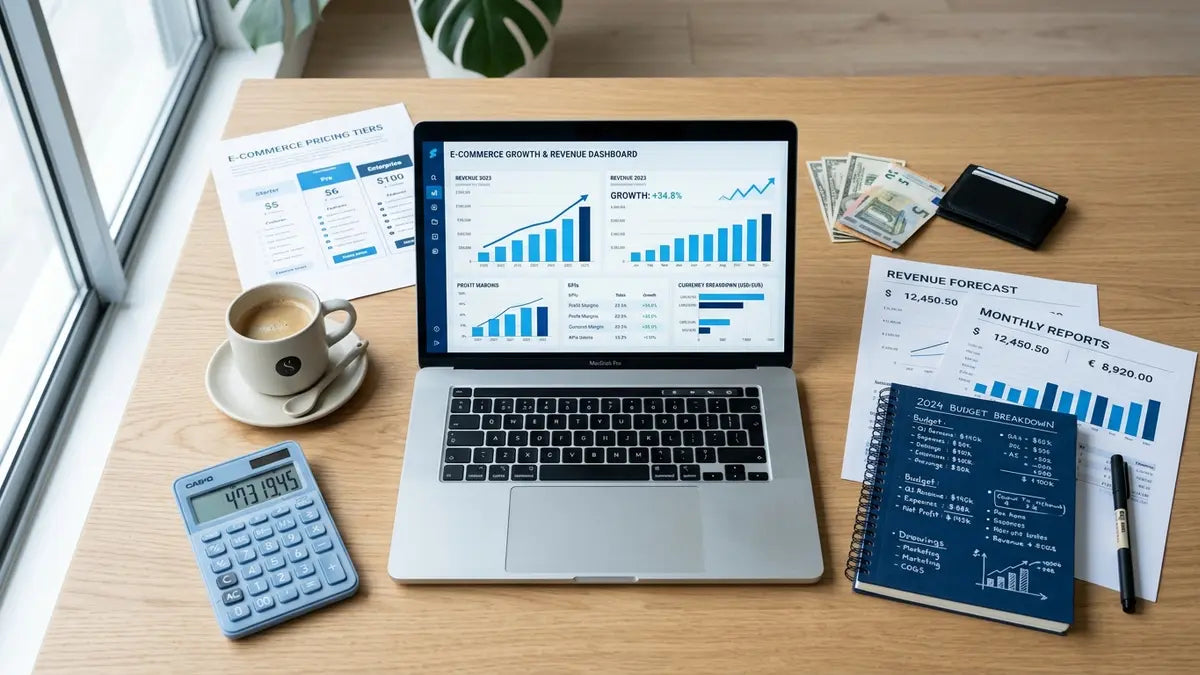 Tableau de bord financier Shopify Plus avec calculatrice et budget détaillé pour e-commerce