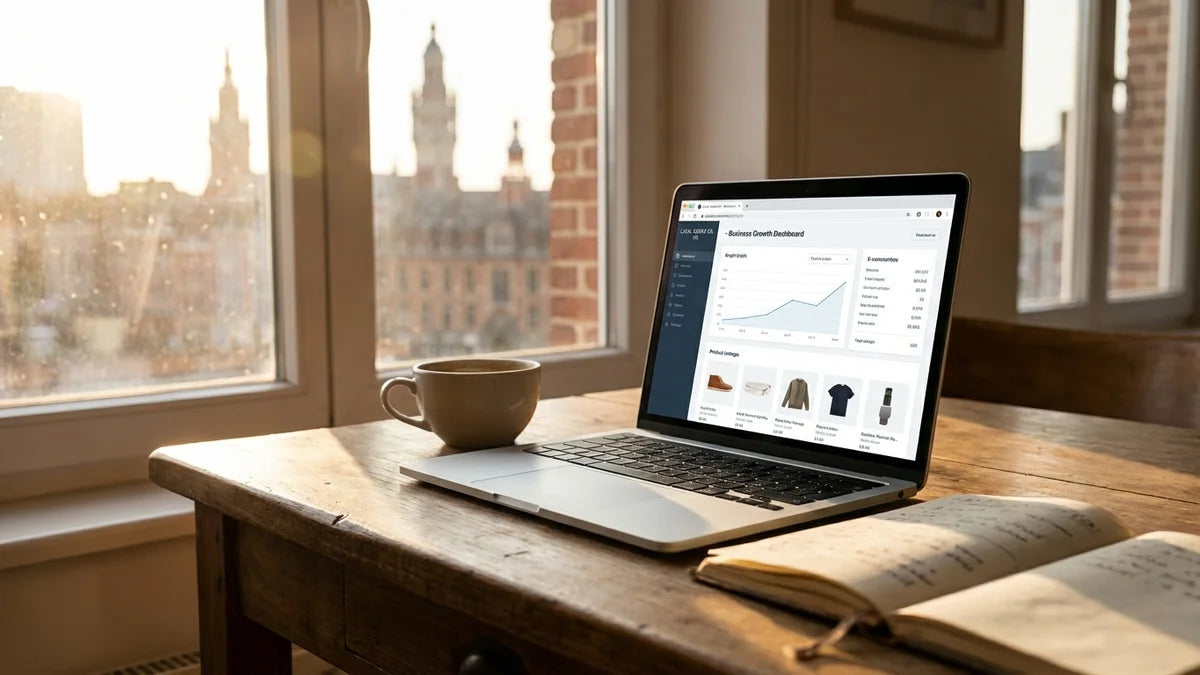 Laptop affichant un site e-commerce sur un bureau à Lille, symbolisant la création locale de boutique en ligne