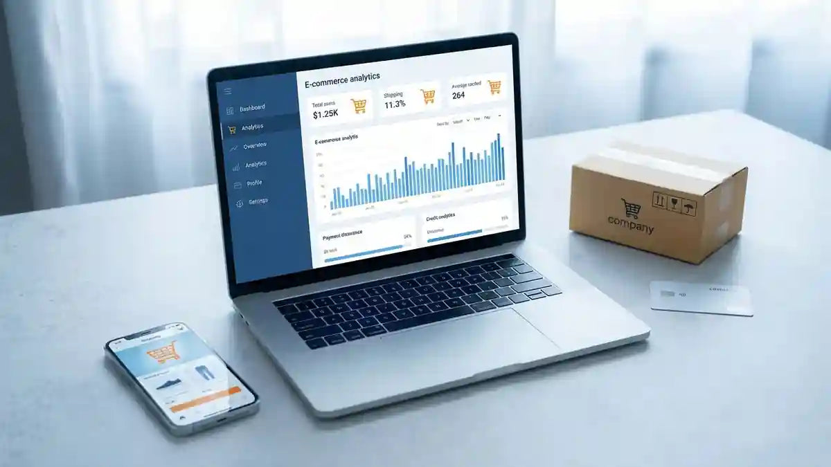 Tableau de bord e-commerce avec panier, laptop, smartphone et carte bancaire pour créer un site marchand