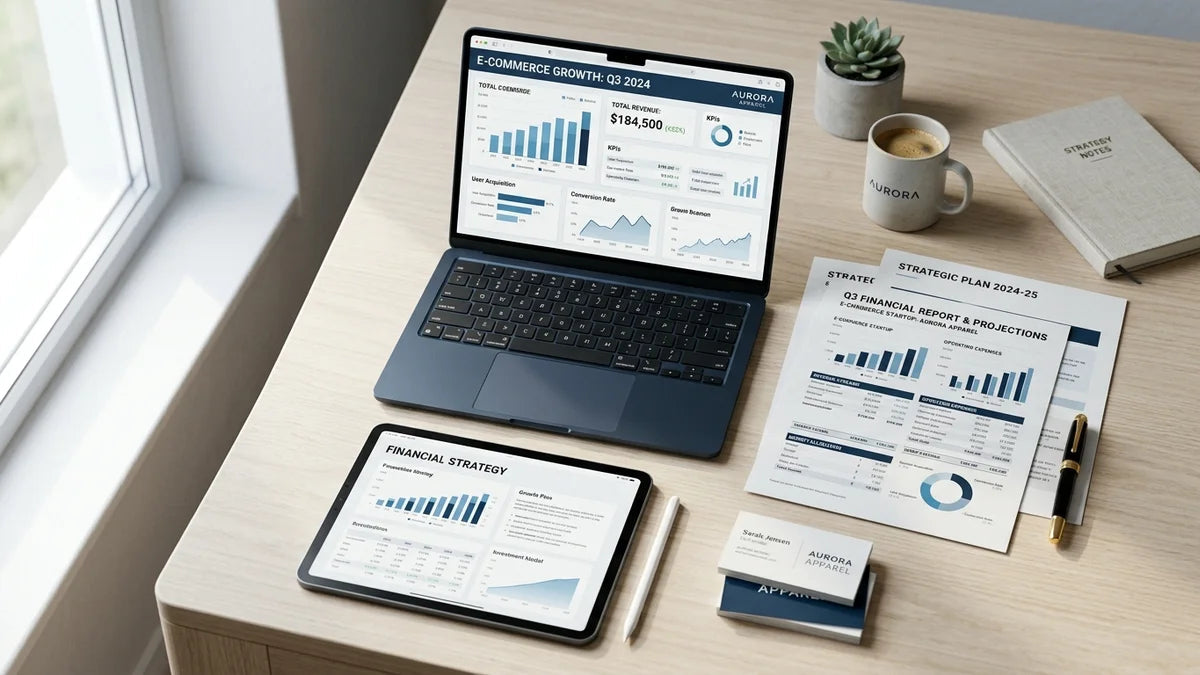 Laptop, tablette et budget e-commerce sur bureau pour créer boutique en ligne 2026