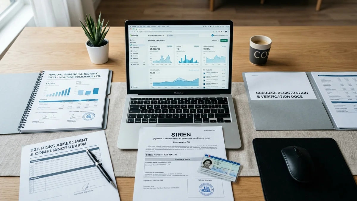 Laptop Shopify avec données B2B, documents SIREN et rapports financiers pour vérification client sécurisée