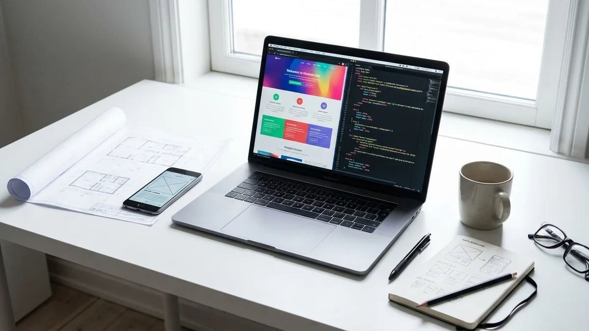 Espace de travail de développement web avec laptop, blueprint et smartphone sur bureau blanc