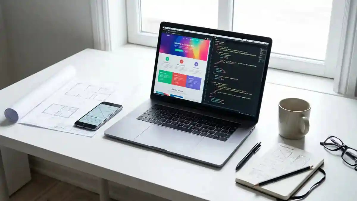 Espace de travail de développement web avec laptop, blueprint et smartphone sur bureau blanc
