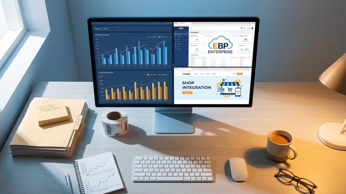 Tableau de bord EBP e-commerce intégré sur écran avec étiquettes d'expédition pour automatiser la gestion boutique en ligne
