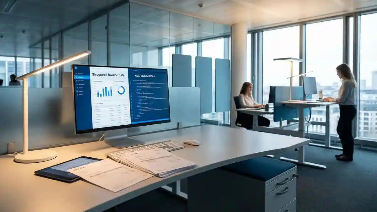 Espace de travail moderne avec factures électroniques et code XML pour transition facturation 2026