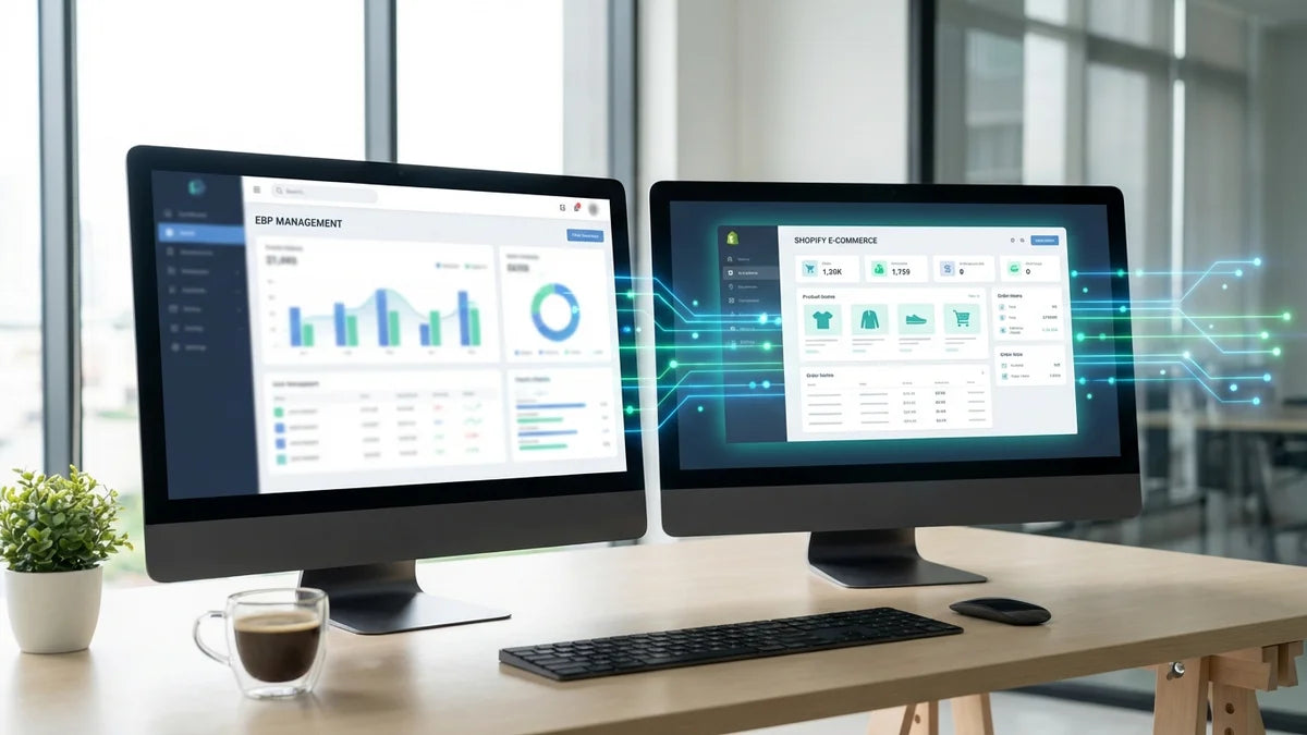 Intégration EBP et e-commerce : écrans synchronisés affichant logiciel de gestion et tableau de bord Shopify